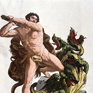 Hercules terrasse l Hydre de Lerne - engraving, 19th century