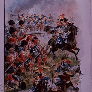 Highland soldiers form square against French cavalry at Quatres Bras, 19th century