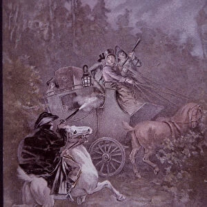 Highwayman holds up stagecoach in the early 19th century (colour litho)