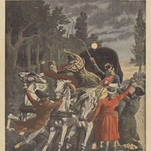 Highwaymen attacking a mail coach bound for Lyon on the road between Lieusaint and Melun in April 1796 (colour litho)