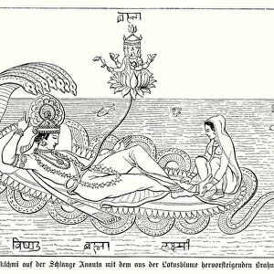 The Hindu god Vishnu and his wife Lakshmi resting on the serpent Ananta Shesha with Brahma emerging from a lotus flower attached to Vishnus navel (engraving)