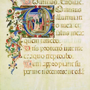 Historiated initial D depicting King David on a throne speaking to a group of men (vellum)