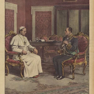 The historic meeting on 11 February between Pius XI and Mussolini (colour litho)
