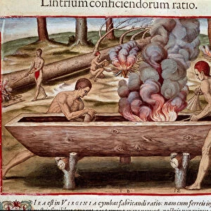 History of America: "Indians Building Boats"Engraving from "