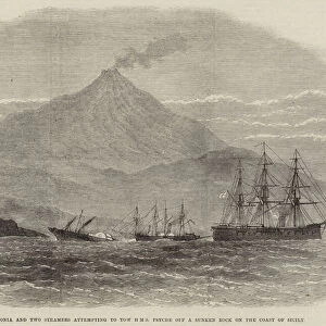 HMS Caledonia and Two Steamers attempting to tow HMS Psyche off a Sunken Rock on the Coast of Sicily (engraving)