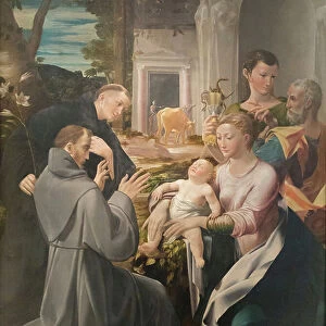 Holy family with st Anthony of Padua, st Francis of Assisi and st John the evangelist, Girolamo Mazzola Bedoli, 16th century (oil on canvas)