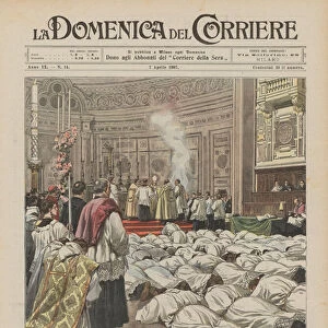 The Holy Saturday ceremony in St John Lateran in Rome, the new ordained priests lying with their faces on the ground (colour litho)