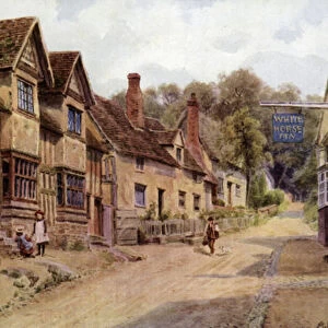 Houses formerly occupied by weavers, Kersey, Suffolk (colour litho)
