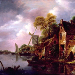 Houses and a Windmill by a River with Boats and Fisherfolk