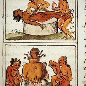 Human sacrifice and cannibalism of the Aztecs. Manuscript by Bernardino Sahagun