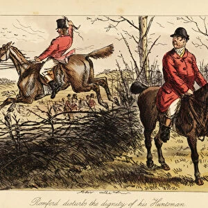 Huntsman jumping a fence on an old nag and interfering with the pack of hounds