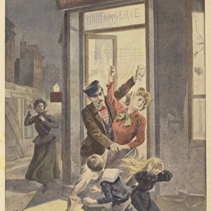 A husband attacking his wife and children with vitriol (colour litho)