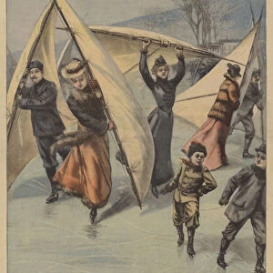 Ice skating with sails, Canada (colour litho)