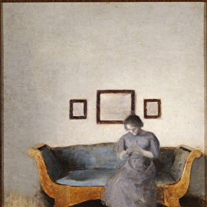 Ida Hammershoi sitting on a sofa (oil on canvas)