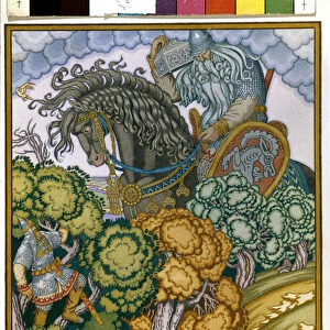 Ilia de Mourom perche dans un arbre observe le retour du geant qui porte un coffre de cristal. Illustration pour "Ilia Mouromets et Sviatogor"