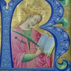 Illuminated initial R depicting St. Catherine of Alexandria