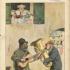 Illustration of Leonce Burret (1865-1915) in Le Rire, 04 / 06 / 10 - Heat and Music - Music, Metiers, Guitar, Trumpet