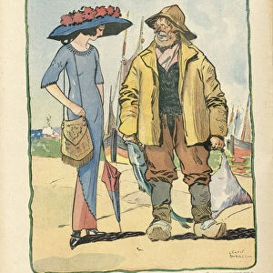 Illustration of Leonce Burret (1865-1915) in Le Smile, no 28, 10 / 07 / 13 - A la criee - Paris, Province, Fashion, Maritime Marine Nautique Balneaire, Hat, Fishing Pecher Pecheur - Fish, Fishers