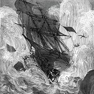 Illustration of the novel "The Mysterious Isle" by Jules Verne published in 1874, in the Hetzel/Extraordinary Voyages collection. Drawing by Jules-Descartes Ferat: the Brig Speedy sinks, after an explosion occurred on board