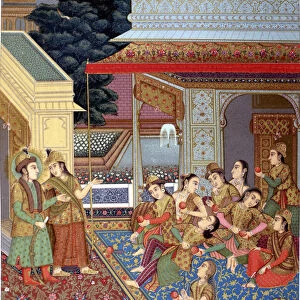 An Indian harem. Illustration of a Moghol miniature (school of Indian miniaturists of