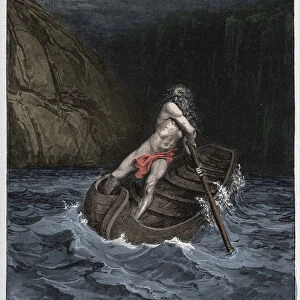 Inferno, Canto 3 : Charon (Caron) on the River Acheron, illustration from