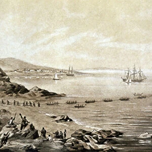 installation of the first transatlantic telegraphic cable between Ireland and Canada (1857) engraving by Albert Kruger c. 1870