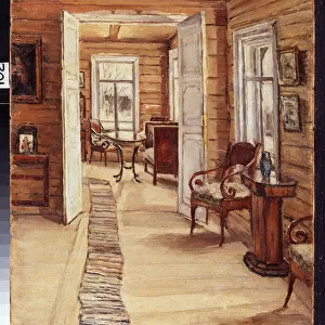 Interieur de la maison du domaine de L. Panteleyev, a Mourmanov (Russie) (Interior of the L. Panteleyevs estate house in Murmanov). Description du mobilier et de la decoration de la maison de bois