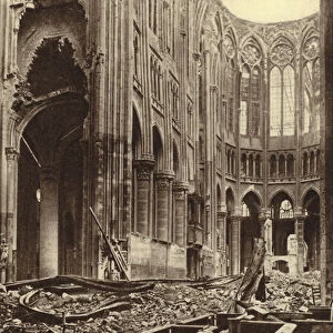 Interior of the Basilica of Saint Quentin, France, destroyed by Allied bombardment, World War I, 1917-1918 (b / w photo)