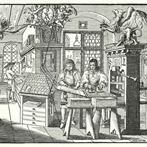 Interior of a book printers workshop, c1676 (engraving)