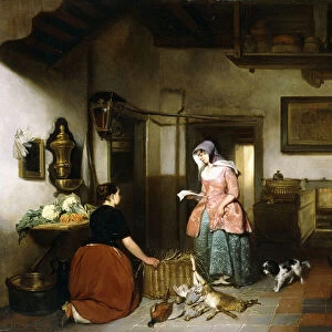 Interior of a Larder with Women cleaning Game, 1852 (oil on panel)