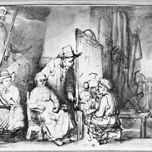 Interior of a studio with a painter painting the portrait of a couple (pen, ink