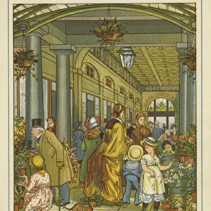 Interior view of people among the flowers on sale in Covent Garden (colour litho)
