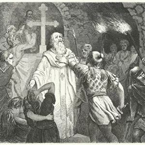 Interruption of a Christian service in the Roman catacombs (engraving)
