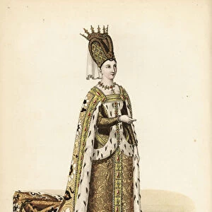 Isabelle de Bavaria, wife of King Charles VI. In her wedding dress, aged 14, 1385. She wears a tall headdress with diadem, royal mantle over a sur cotte dress all decorated with gold, jewels and ermine
