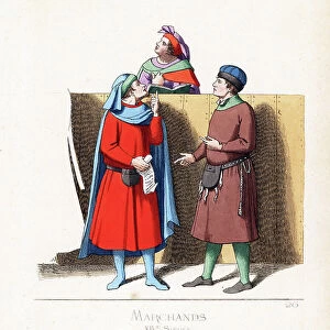 Italian merchants and a judicial notary, 14th century - The notary wears a violet and scarlet bonnet and cape - The left merchant wears a blue cape and hood, scarlet tunic with belt and purse - The right merchant wears a blue cape and hood