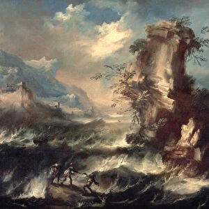Italian Seascape with Rocks and Figures (oil on canvas)