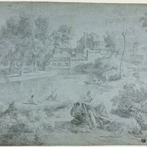 Italianate Landscape with Bathers (black chalk on blue wove paper