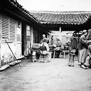 Itinerant Barbers at a Country House, China, c. 1875 (b / w photo)