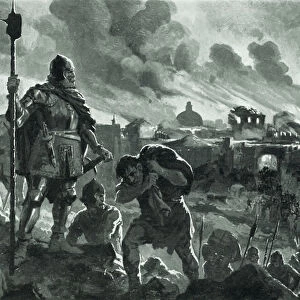 Ivan the Black sets fire to Zhabliak, 1484 (litho)
