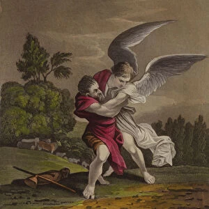 Jacob wrestling with an angel (colour litho)