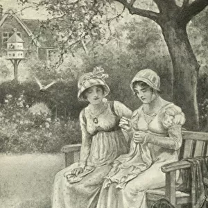 Jane Austen, sewing, with her sister Cassandra in the Rectory Garden (litho)