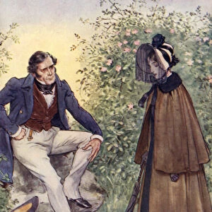Jane Eyre meets Mr Rochester by the stile (colour litho)