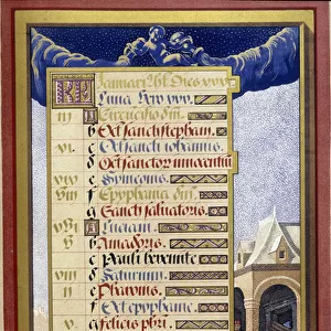 January: House in winter (Aquarius) - facsimile of the Hours of Anne of Brittany
