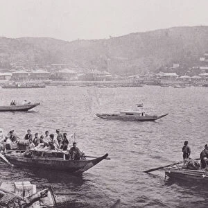 Japan: Native Boats in Nagasaki Harbor (b / w photo)