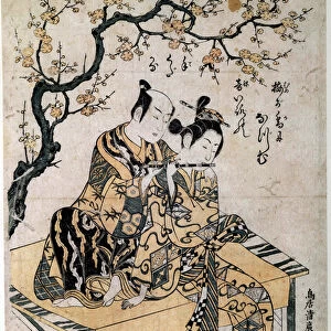 Japanese art: a musician gives a flute lecon to a young woman
