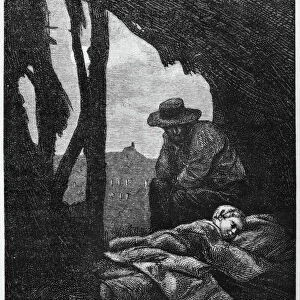 Jean Valjean watching over Cosette asleep, illustration from Les Miserables