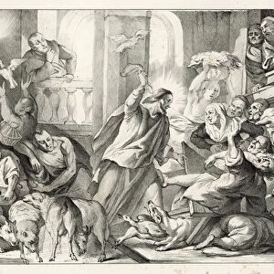 Jesus casting the moneylenders out ot the Temple (litho)