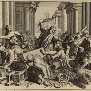 Jesus Christ driving the money changers from the Temple (engraving)