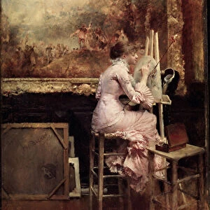 "Jeune artiste faisant une aquarelle au musee du Louvre"(Young Watercolourist in the Louvre) Elle est vetue a la mode Belle epoque, et est assise sur un tabouret