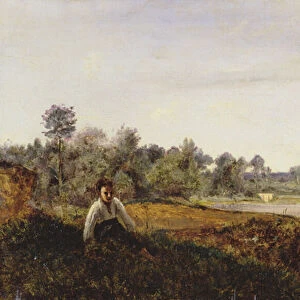 Jeune Patre Assis en Vue de l Etang de Ville d Avray, c. 1870 (oil on canvas)